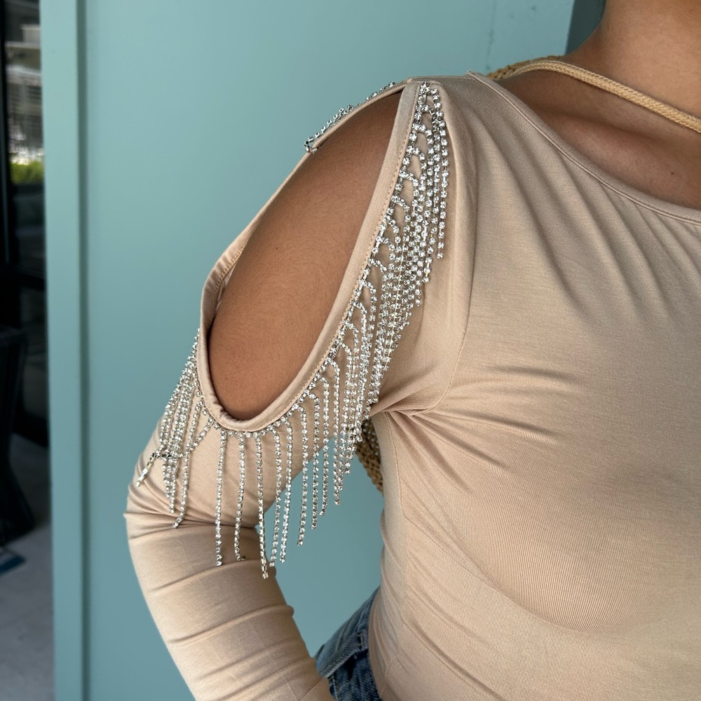 Beige Cold Shoulder Top with Fringe Detail - Picture 2 of 4